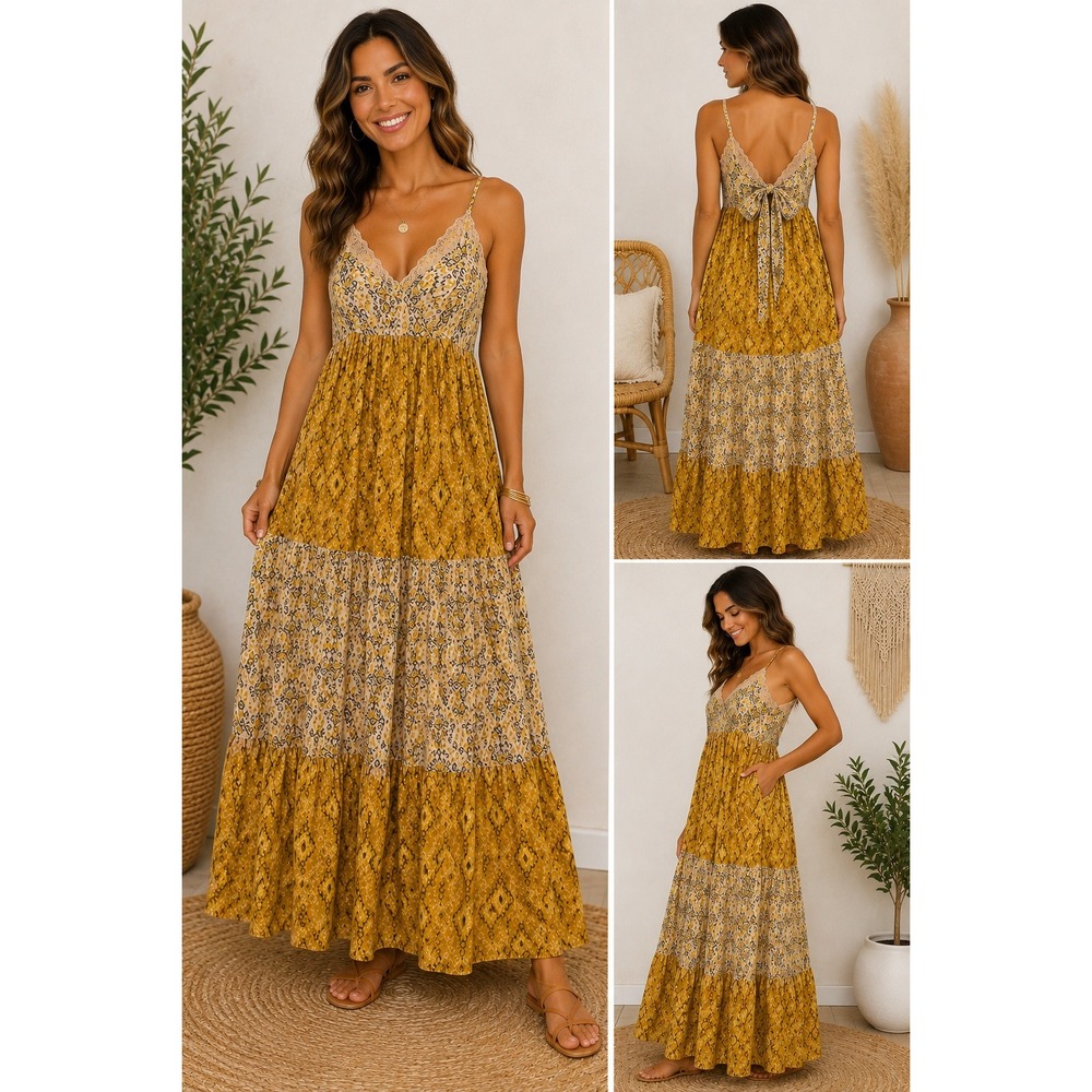 Francesca's Maxi Dress Women Medium Yellow Paisley Tiered Boho Summer